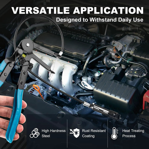 9-piece automotive hose clamp pliers set with long-reach swivel jaws, blue-handled pliers shown in engine bay.