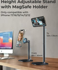 MagSafe Desk Phone Stand With Adjustable Magnetic Holder for iPhone 17 Pro Max and 16 Through 12 Models on a wooden desk.