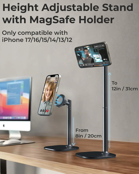 MagSafe Desk Phone Stand With Adjustable Magnetic Holder for iPhone 17 Pro Max and 16 Through 12 Models on a wooden desk.