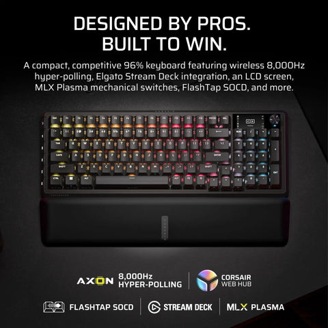 Goated 96 Percent Wireless Mechanical Gaming Keyboard With Compact Tkl Body Full Color Lcd Screen Rotary Knob Six Custom Keys Us Qwerty Black on a desk featuring RGB lighting.