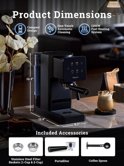 Badass Home Espresso Maker With Slick Touchscreen Interface And 20 Bar Pump Pulls Knockout Shots For Smooth Lattes Or Quick Cold Brew Featuring Full Milk Frothing Setup With Generous 41oz Water Tank, compact design and automatic cleaning display.