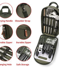 Heavy Duty 27 Piece Camping Cookware Kit with Stainless Steel Grilling Utensils in green compact carry bag, open view with tools visible.
