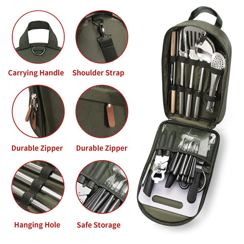Heavy Duty 27 Piece Camping Cookware Kit with Stainless Steel Grilling Utensils in green compact carry bag, open view with tools visible.