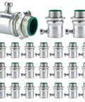 Rugged 1/2 Inch EMT Set Screw Connector With Insulated Throat Protection And Corrosion Resistant Zinc Plated Steel For Secure Electrical Conduit Connections In A Heavy Duty 25 Pack For Tradesmen And Diy Guys Doing Quick Wiring Work Indoors, featuring multiple connectors.