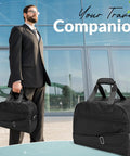 Man holding underseat personal item carry on bag for airlines durable nylon 1680 denier ballistic duffel bag with shoulder strap