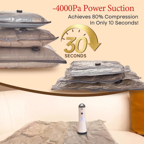 Rechargeable Cordless Travel Vacuum Pump And Compression Bags Set for Carry On Luggage displayed with compressed bags