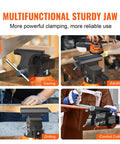 6.5 Inch Jaw Vise With 360 Degree Swivel Locking Base For Workbench in use for sawing, sanding, drilling, and conduit cutting.