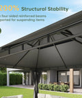 Close-up of the top structure of a gray 12 by 10 foot gazebo with double roof and mosquito netting for outdoor parties, showing reinforced beams.