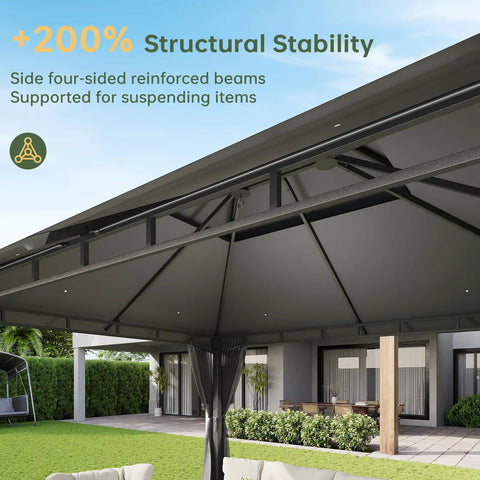 Close-up of the top structure of a gray 12 by 10 foot gazebo with double roof and mosquito netting for outdoor parties, showing reinforced beams.
