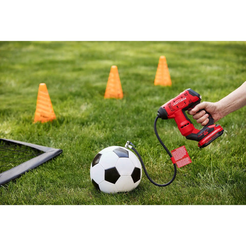 Person using V20 Cordless Tire Inflator And Portable Air Compressor With Digital Pressure Gauge Up To 150 Psi on soccer ball