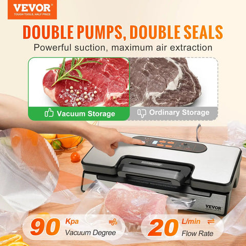 Killer Suction 90Kpa Dual Pump Vacuum Sealer Machine for vacuum storage, showing vacuum sealer with meat and sealing bags.
