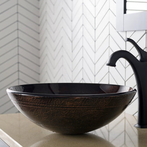 Round Copper Brown Glass Vessel Sink For Bathroom Sixteen And A Half Inch Above Counter Design Easy To Clean Smooth Interior