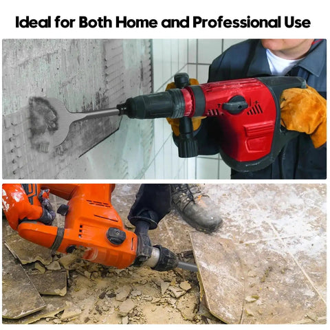 Beast 4 Piece SDS Plus Chisel Set For Demolition And Tile Removal, worker using rotary hammer on wall and floor tiles