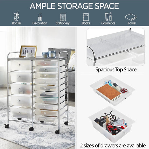 15 Drawer Rolling Storage Cart On Wheels With Two Drawer Sizes White Go To Multi Purpose Mobile Organizer For Craft Supplies Scrapbook Paper Tools Home Office Garage