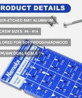 Screw Size Chart and Drill Bit Gauge Laser Etched in 6061 Aluminum Pilot Hole Guide for Screws Four Through Fourteen with Ruler