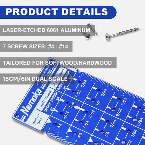 Screw Size Chart and Drill Bit Gauge Laser Etched in 6061 Aluminum Pilot Hole Guide for Screws Four Through Fourteen with Ruler