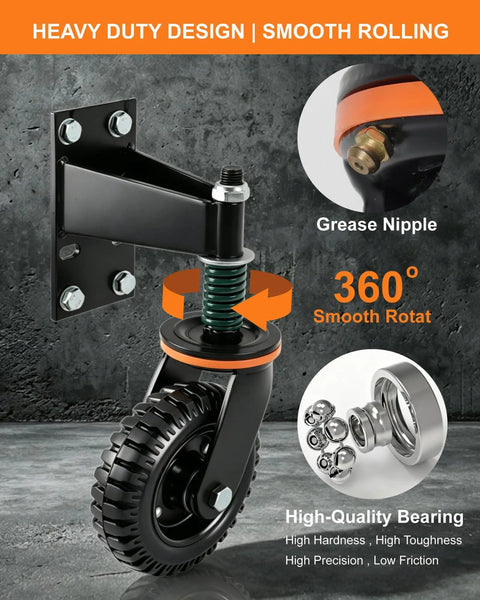 Front view of 6 Inch Heavy Duty Gate Wheel With Beefed-Up Spring Loaded Support And 600 Lb Capacity, anti sag gate caster.