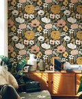 Vintage Floral Peel And Stick Wallpaper With Daisy Leaf Pattern In Black Sand And Olive Vinyl Self Adhesive Contact Paper For Walls 17.7 In By 9.8 Ft Removable Repositionable And Renter Friendly on living room wall