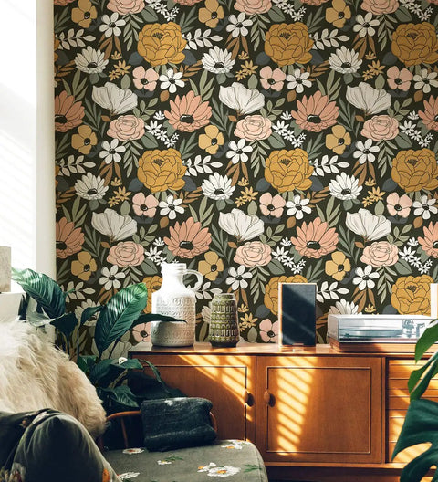 Vintage Floral Peel And Stick Wallpaper With Daisy Leaf Pattern In Black Sand And Olive Vinyl Self Adhesive Contact Paper For Walls 17.7 In By 9.8 Ft Removable Repositionable And Renter Friendly on living room wall