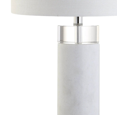 32 Inch White Marble And Crystal LED Table Lamp With Linen Shade, Sleek Modern Cylindrical Bedside Lamp For Living Room And Bedroom