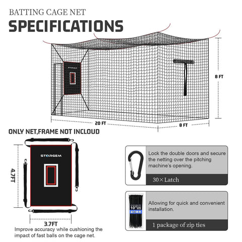 Heavy Duty Baseball Batting Cage Net With Door For Backyard And Indoor Practice 8 By 8 By 20 Feet Enclosed Hitting Netting Weather Resistant Polyester No Frame Included Ideal For Baseball And Softball Training specifications and components.