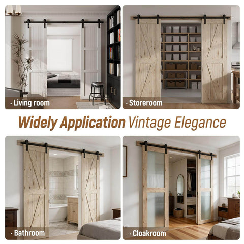 Heavy Duty Sliding Barn Door Hardware Kit For 60 Inch Wide Double Doors installed in various rooms, 20 Foot Track.