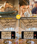 Comparison of 12 Pack Dimmable E12 LED Candelabra Bulbs showing flicker-free performance versus competitors with chandelier view.