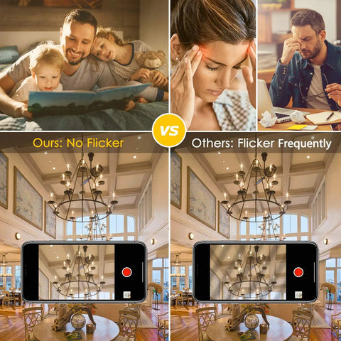 Comparison of 12 Pack Dimmable E12 LED Candelabra Bulbs showing flicker-free performance versus competitors with chandelier view.