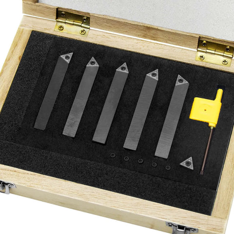 SENDUO 5/16 in indexable carbide turning inserts holder set in foam case; five holders with carbide tips.