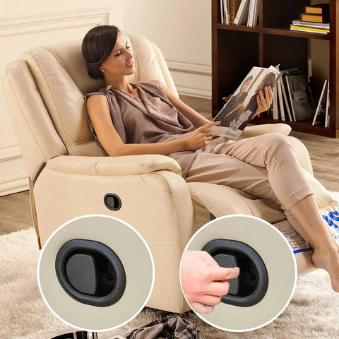 Universal Recliner Replacement Pull Handle And Release Cable Kit Two Pack shown with a woman using a recliner mechanism.