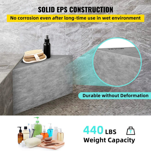 Ready To Tile Tile Shower Seat Corner Bench Waterproof Leak Proof Tileable Rock-Solid EPS Construction in a bathroom