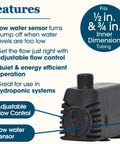 Auto No Fuss Shut Off Fountain Pump 300 GPH with Low Water Sensor and adjustable flow control