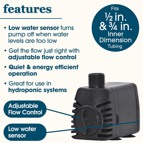 Auto No Fuss Shut Off Fountain Pump 300 GPH with Low Water Sensor and adjustable flow control