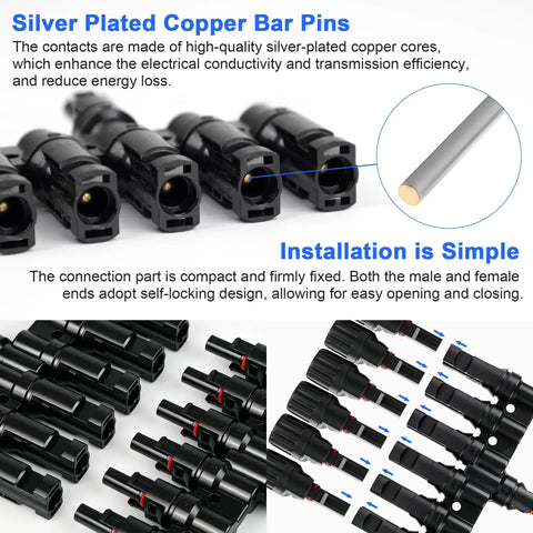 Built Like A Tank Solar Panel MC4 T Branch Connector 1 Male To 6 Female And 1 Female To 6 Male shows close-up of connectors and silver bar pins.