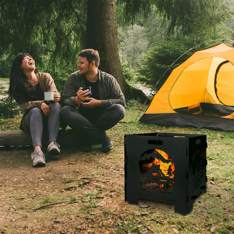20 Inch Portable Wood Burning Fire Pit Collapsible for Camping and Backyard Use Tailgate Ready Black shown beside a tent