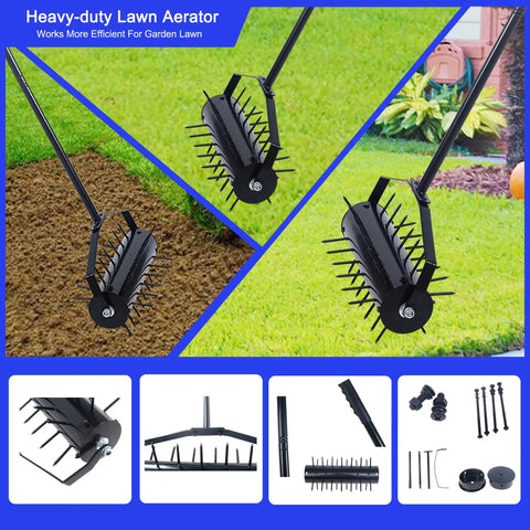 62 Inch Rolling Lawn Aerator With 17 Inch Roller Heavy Duty Manual Turf Aerator for quick soil breakup and reducing compaction.