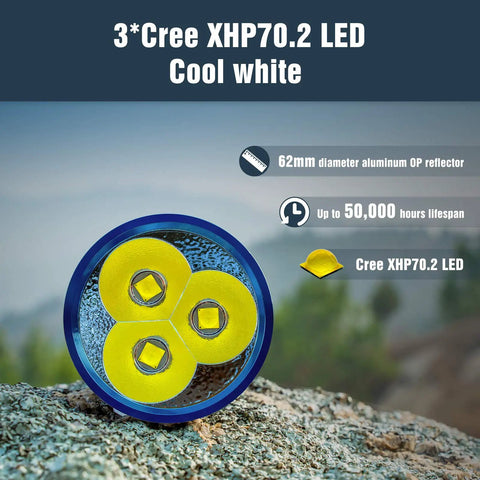 Close-up of Beast Mode 18,000 Lumen Tactical Flashlight With 3 XHP70.2 LEDs highlighting cool white beam and LED specs.