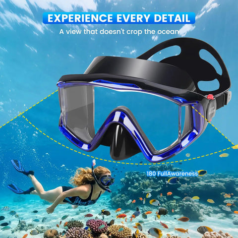 Three Window Panoramic Snorkel Mask For Grown Ups With Anti Fog Scratch Resistant PC Lenses And Liquid Silicone Skirt in water