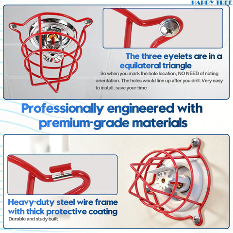 Heavy Duty Red Fire Sprinkler Head Guard Cage Cover For 1 2 And 3 4 Inch Systems Easy Install No Hassle Rugged Steel Mesh seen from below mounted.