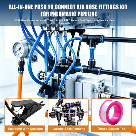 The Ultimate 324-Piece Quick Connect Air Hose Fitting Swag For Fast Pneumatic Repairs And DIY Jobs, brass quick-connect fittings with cutter and seal tape