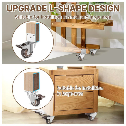 WEIBIDA 3-inch L-shaped side-mount casters, set of 4, with 360° swivel and locking brakes for furniture.