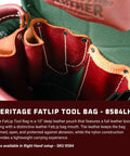 Interior view of FatLip Left Hand Tool Bag With 13 Pockets And Tool Holders, durable leather, FatLip mouth for easy access.