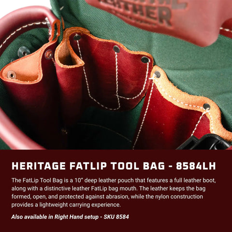 Interior view of FatLip Left Hand Tool Bag With 13 Pockets And Tool Holders, durable leather, FatLip mouth for easy access.