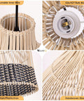 Details of Rattan Pendant Light One Light Handwoven Boho Chandelier with adjustable wire, E26/E27 base, and woven shade close-up