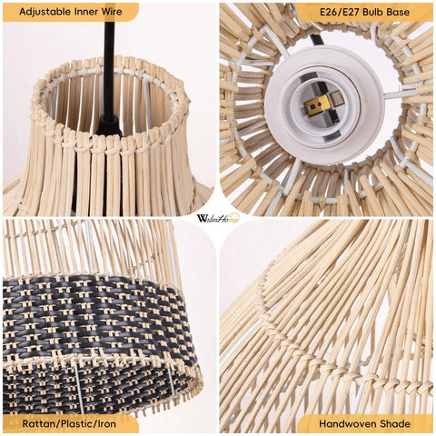 Details of Rattan Pendant Light One Light Handwoven Boho Chandelier with adjustable wire, E26/E27 base, and woven shade close-up