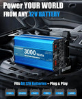 3000 Watt Pure Sine Wave Inverter Heavy Duty From 12V DC To 110V And 120V AC With LCD Display placed in a car trunk