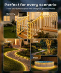 2 Pack Solar Rope Lights 78Ft Total 200LED Warm White Outdoor String Lights IP65 Waterproof Solar Powered Fairy Lights With 8 Lighting Modes decorating balcony, path, tree, and pool area.