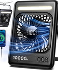 Ultra Quiet 10000mAh Portable Travel Fan with LED Lantern, Five Speed Options, 24H Runtime, showing digital display.
