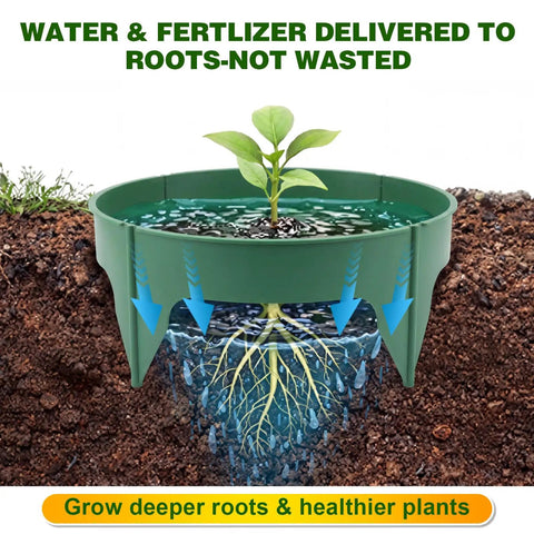 Must Have 80 Piece Adjustable Interlocking Plant Rings Kit With Mallet For Garden Beds showing water directed to plant roots
