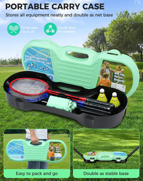 Portable Badminton Net Set With Pop Up Design, Complete 4 Racket Pack With Shuttlecocks And Carry Case displayed open on grass